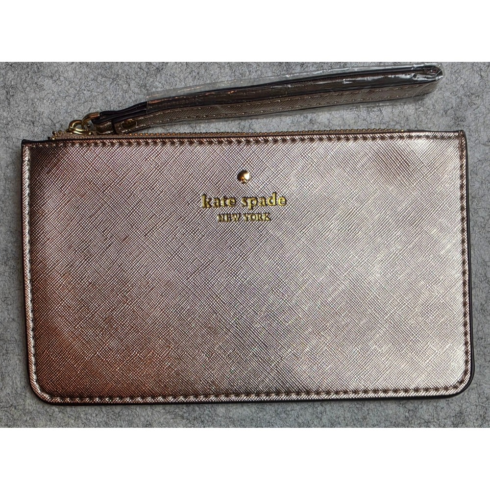 Kate Spade New York Metallic Rose Gold Saffiano Leather Wristlet Zip Pouch NWOT